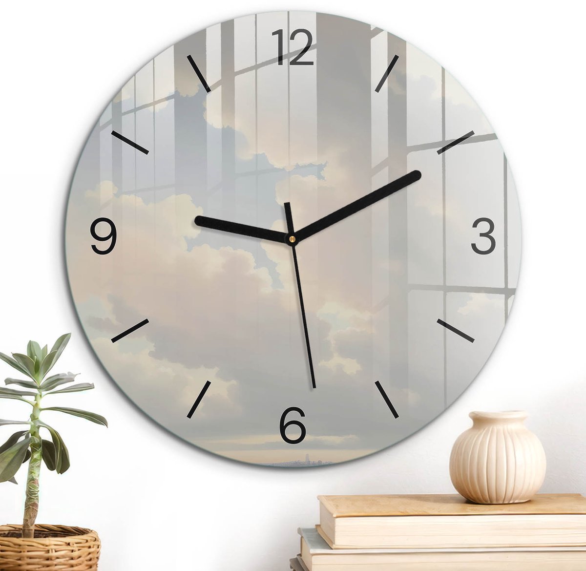 ArtPrintCave Romig Glazen Klok - Wandklok 30 cm - Muurklok Rond - Wolken Aan De Hemel Stille Wandklok - Achtergronden En Patronen Wandklok Keuken - Zwarte Klokwijzers