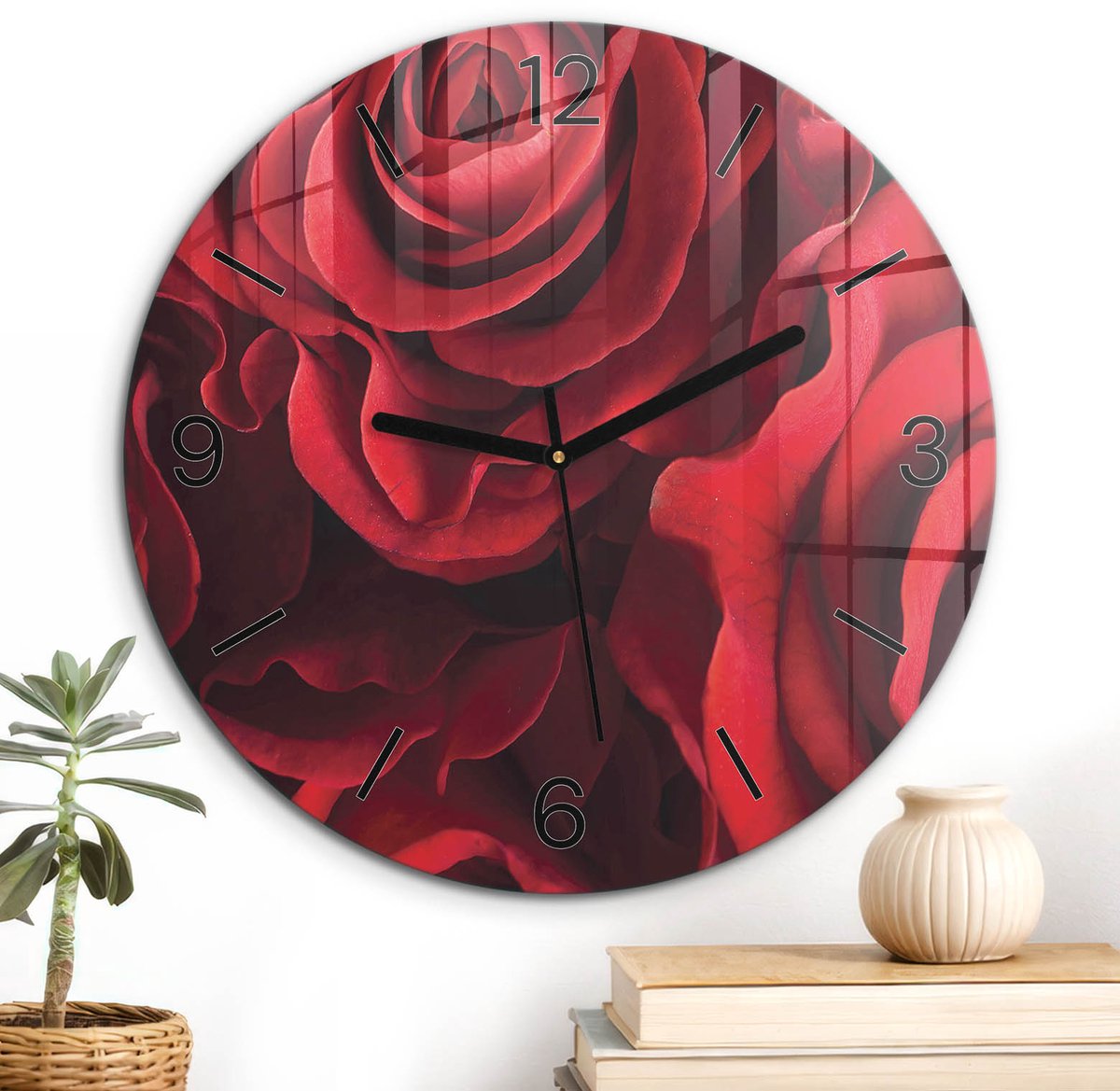 ArtPrintCave Rood Glazen Klok - Wandklok 30 cm - Muurklok Rond - Rode Rozen Unieke Klok - Natuur Stille Wandklok - Zwarte Klokwijzers