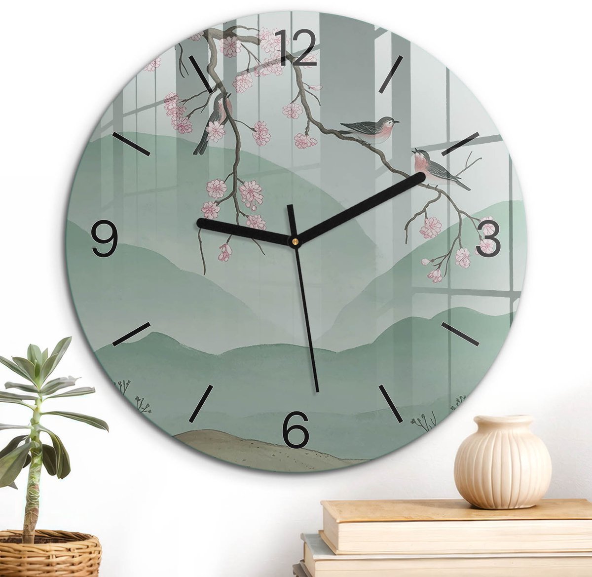 ArtPrintCave Groene Glazen Klok - Wandklok 30 cm - Muurklok Rond - Bloeiende Natuur Unieke Klok - Bloemen En Planten Stille Wandklok - Zwarte Klokwijzers
