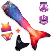Zeemeerminstaart met een oranje-blauwe gradiënt en schubbenpatroon. Inclusief bijpassende bikini en zwarte monofin. "Verstevigde startpunten" en "12 maanden garantie" worden getoond.