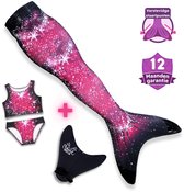 Zeemeerminstaart in roze en zwart met glitters, bijpassende bikini en monovin. 'Verstevigde startpunten' en '12 maanden garantie'.