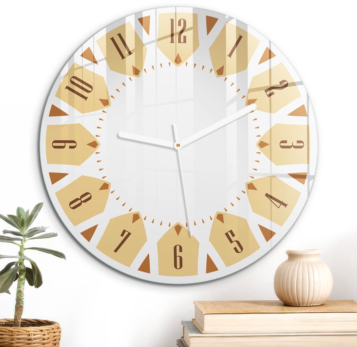 ArtPrintCave Beige Glazen Klok - Wandklok 30 cm - Muurklok Rond - Stijlvolle Klok Stille Wandklok - Abstractie Wandklok Keuken - Witte Klokwijzers