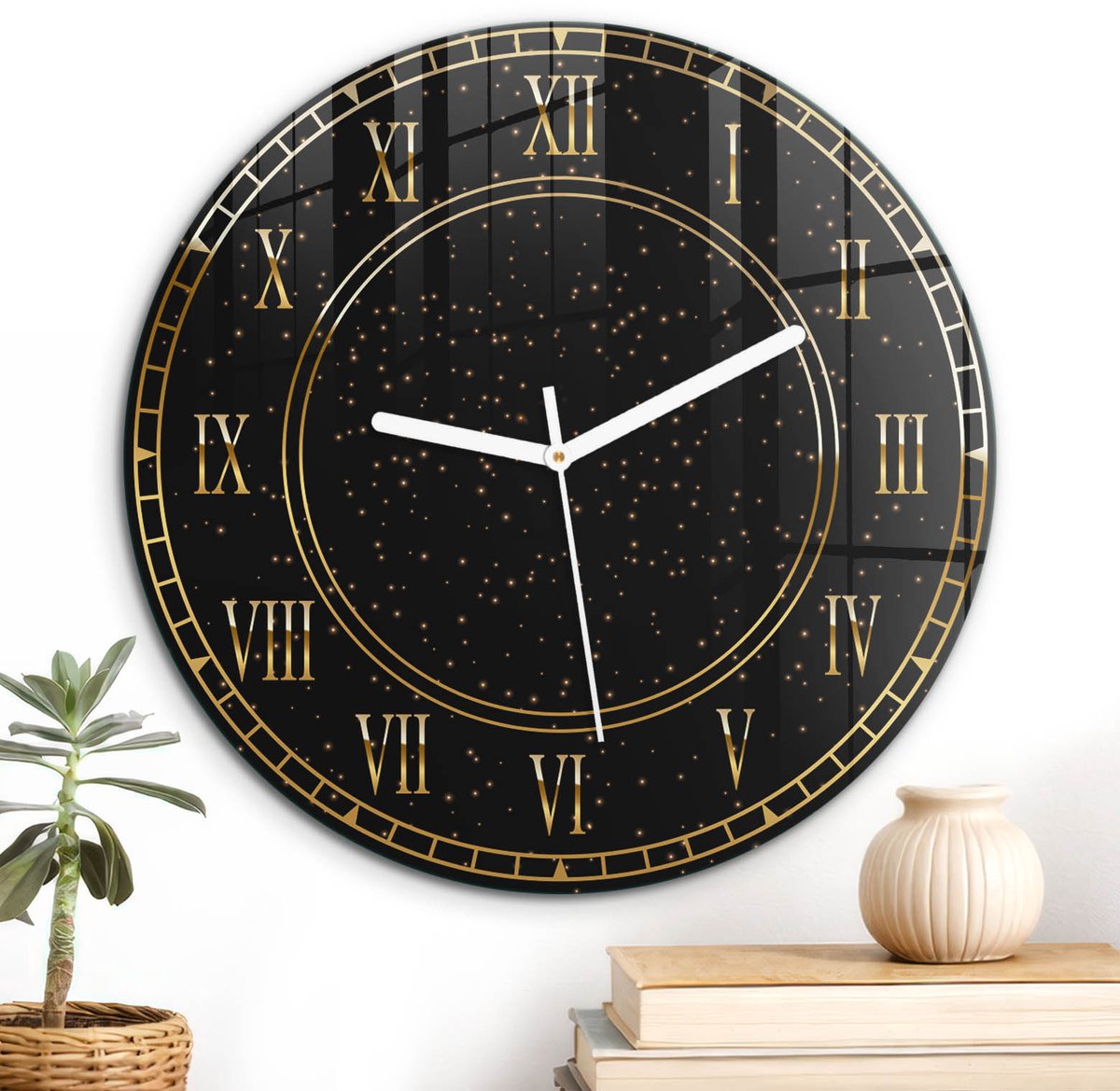 ArtPrintCave Zwart Glazen Klok - Wandklok 30 cm - Muurklok Rond - Retro Klok Wandklok Keuken - Abstractie Unieke Klok - Witte Klokwijzers