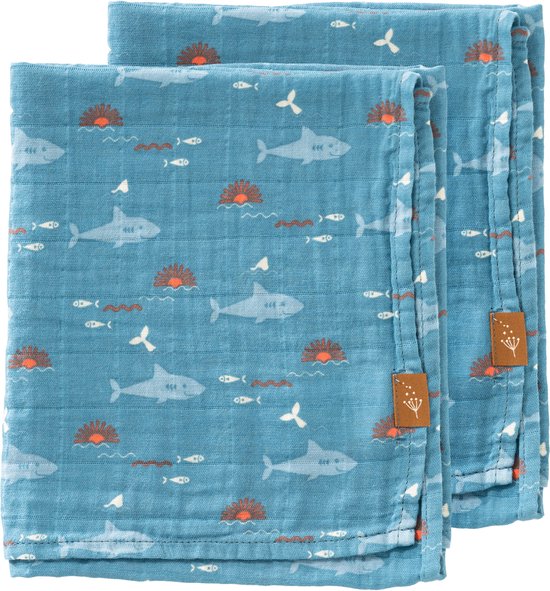 Fresk Hydrofiele Doeken Set - 60 x 70 cm - Spuugdoekjes - Babyverzorging - 2 stuks - Ademend en Absorberend - Babyspullen - Blauw - Shark van Merkloos — afbeelding 2