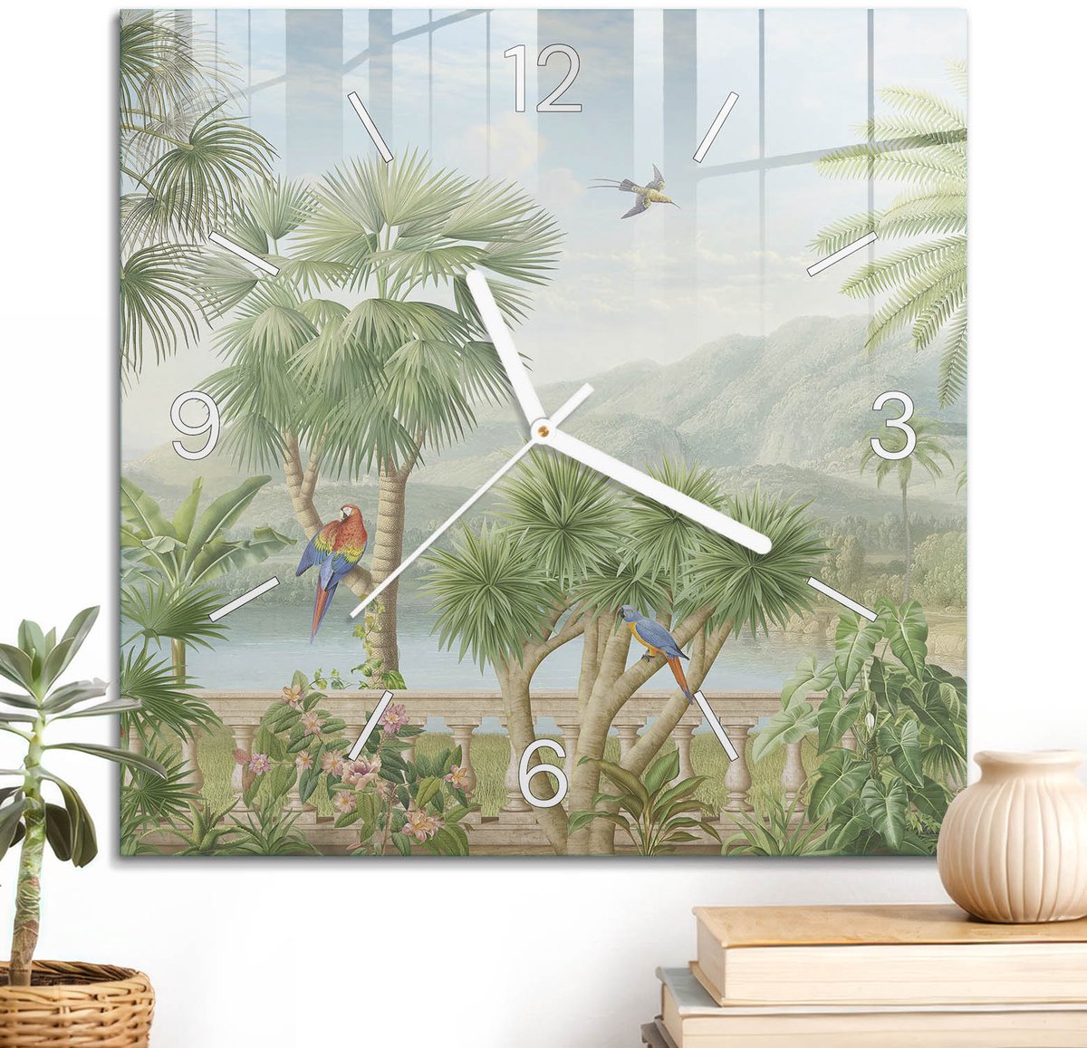 ArtPrintCave Groene Glazen Klok - 30x30 cm - Wandklok Vierkant - Tropisch Landschap Wandklok Keuken - Dieren Unieke Klok - Witte Klokwijzers
