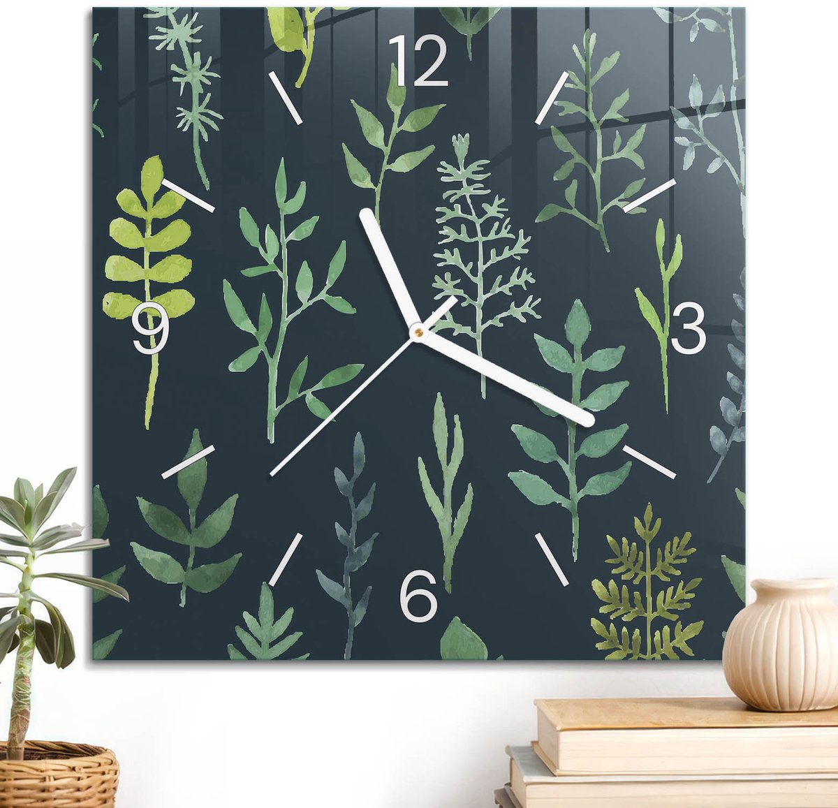 ArtPrintCave Groene Glazen Klok - 30x30 cm - Wandklok Vierkant - Groene Bladeren Stille Wandklok - Bloemen En Planten Wandklok Keuken - Witte Klokwijzers