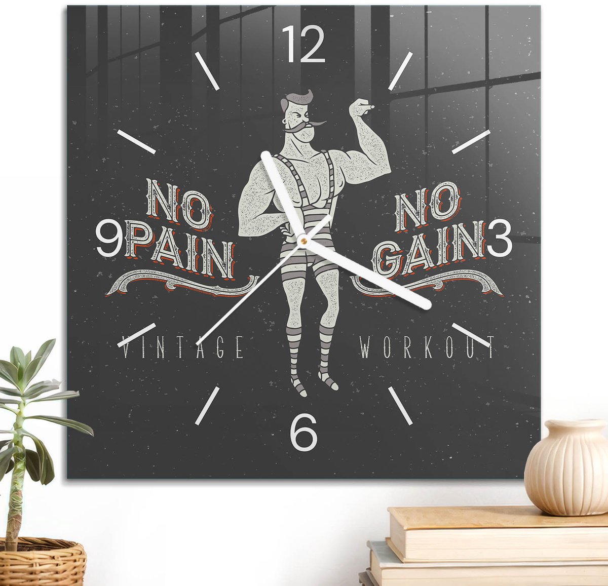 ArtPrintCave Zwart Glazen Klok - 30x30 cm - Wandklok Vierkant - Retro Krachtpatsers Unieke Klok - Teksten Stille Wandklok - Witte Klokwijzers