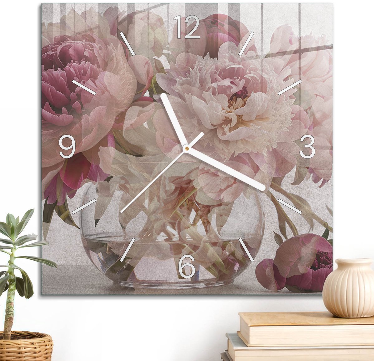 ArtPrintCave Roze Glazen Klok - 30x30 cm - Wandklok Vierkant - Roze Pioenrozen Stille Wandklok - Kunst Wandklok Keuken - Witte Klokwijzers