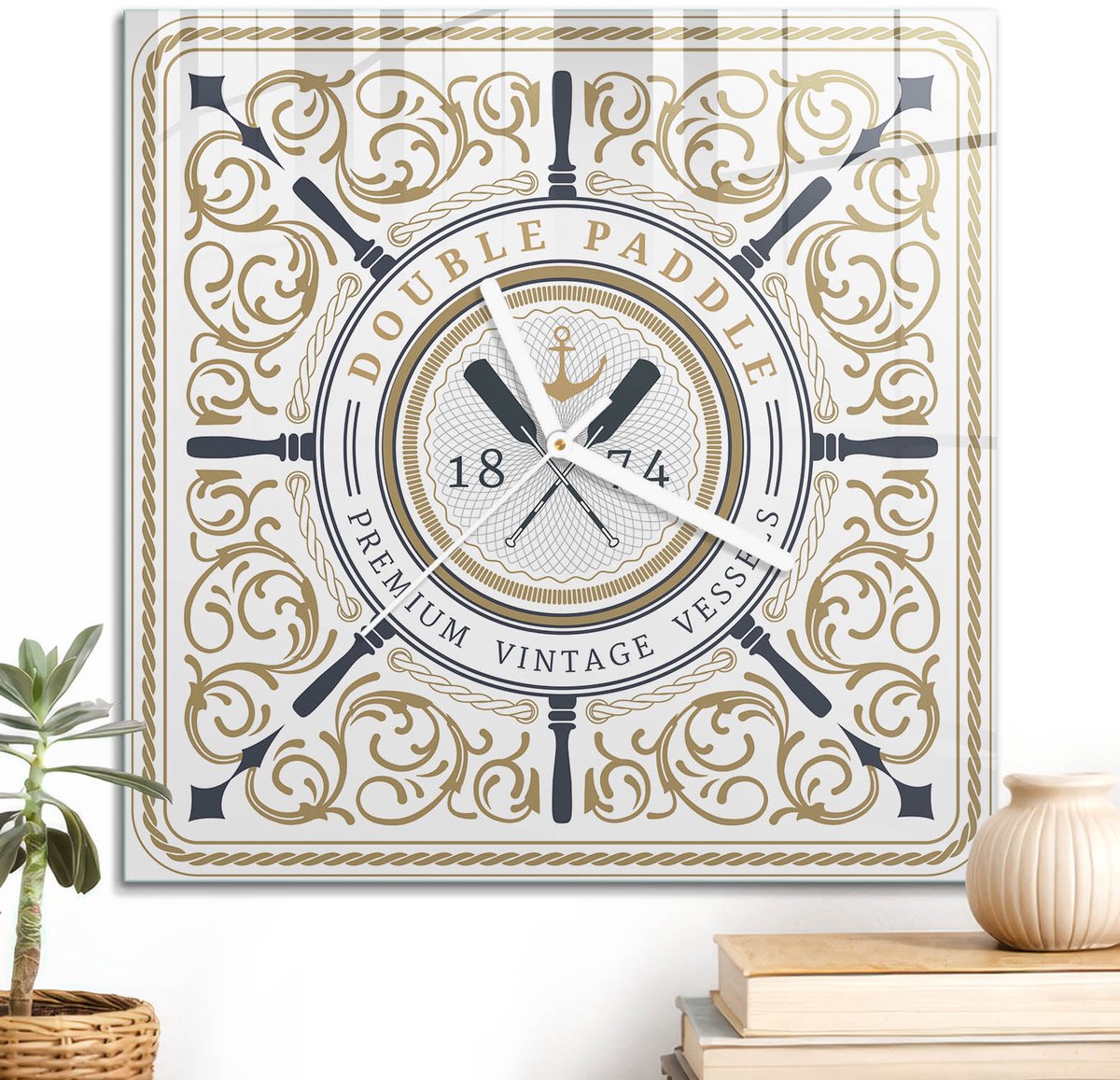 ArtPrintCave Wit Glazen Klok - 30x30 cm - Wandklok Vierkant - Nautische Stijl Wandklok Keuken - Texturen Unieke Klok - Witte Klokwijzers