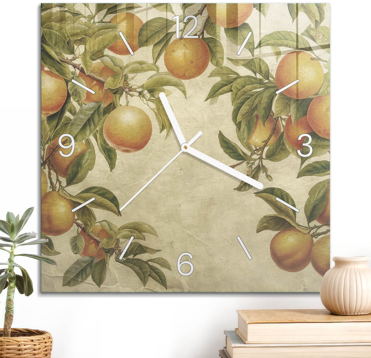 ArtPrintCave Oranje Glazen Klok - 30x30 cm - Wandklok Vierkant - Sinaasappelboomgaard Stille Wandklok - Bloemen En Planten Wandklok Keuken - Witte Klokwijzers