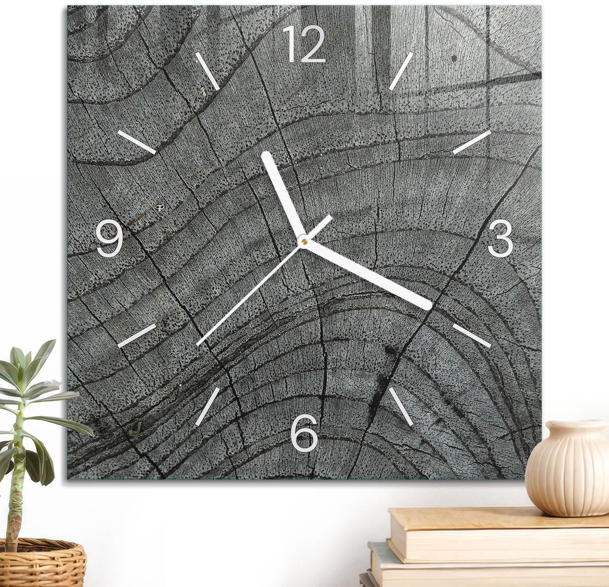 ArtPrintCave Grijs Glazen Klok - 30x30 cm - Wandklok Vierkant - Houtstructuur Stille Wandklok - Natuur Wandklok Keuken - Witte Klokwijzers
