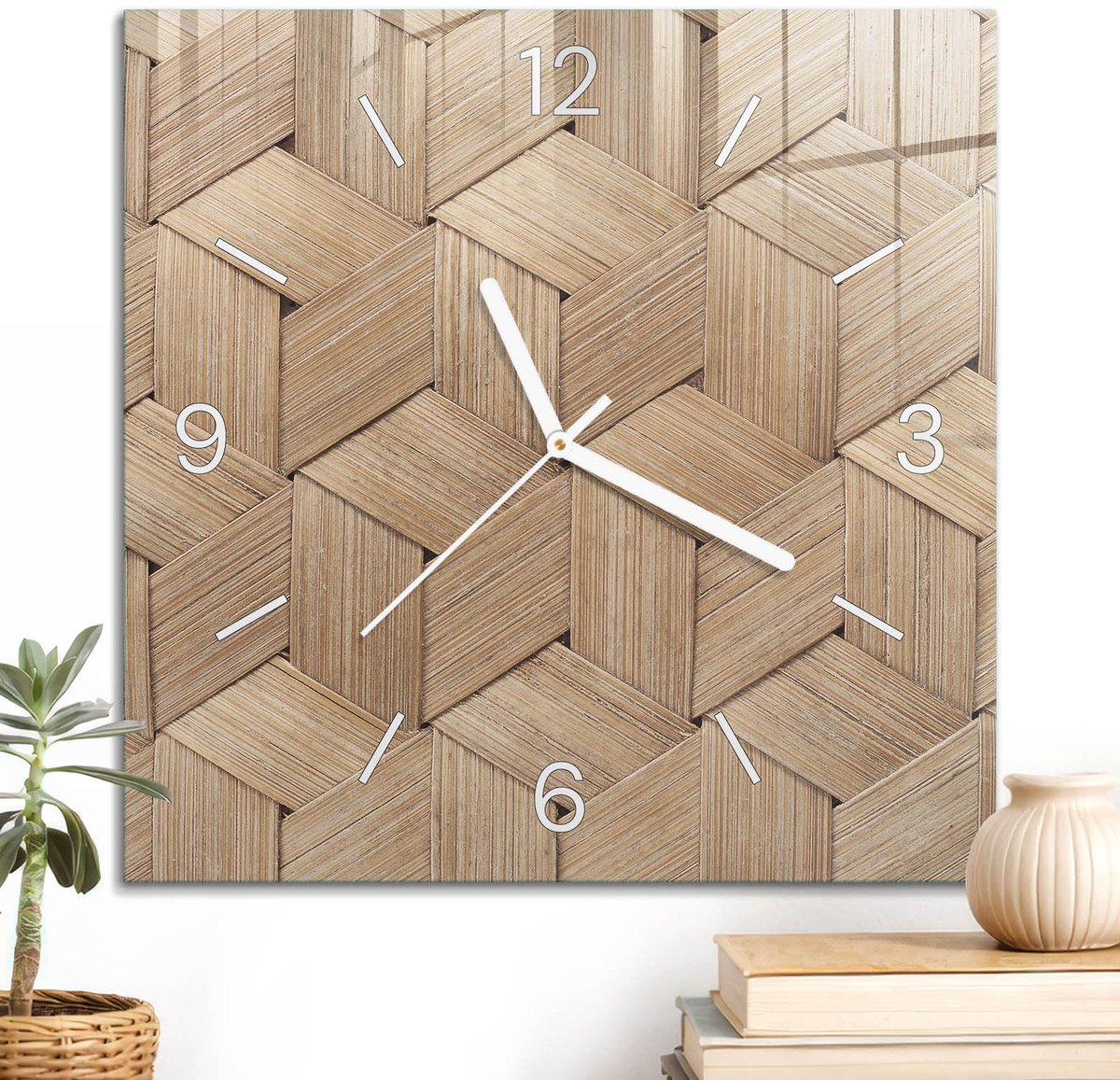ArtPrintCave Beige Glazen Klok - 30x30 cm - Wandklok Vierkant - Gevlochten Patronen Stille Wandklok - Natuur Wandklok Keuken - Witte Klokwijzers