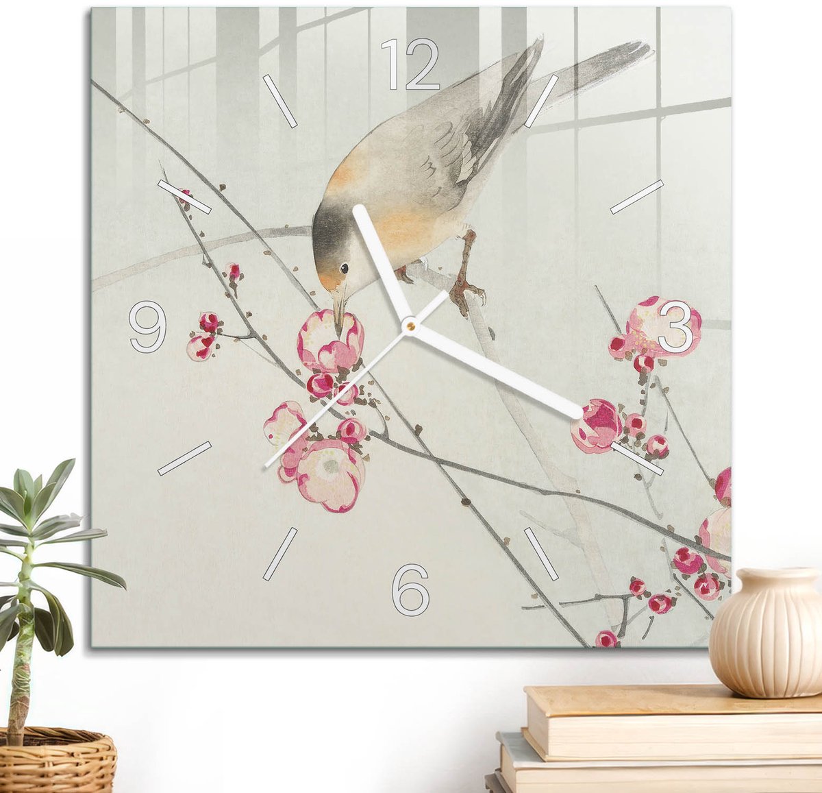 ArtPrintCave Grijs Glazen Klok - 30x30 cm - Wandklok Vierkant - Vogeltak Unieke Klok - Dieren Stille Wandklok - Witte Klokwijzers
