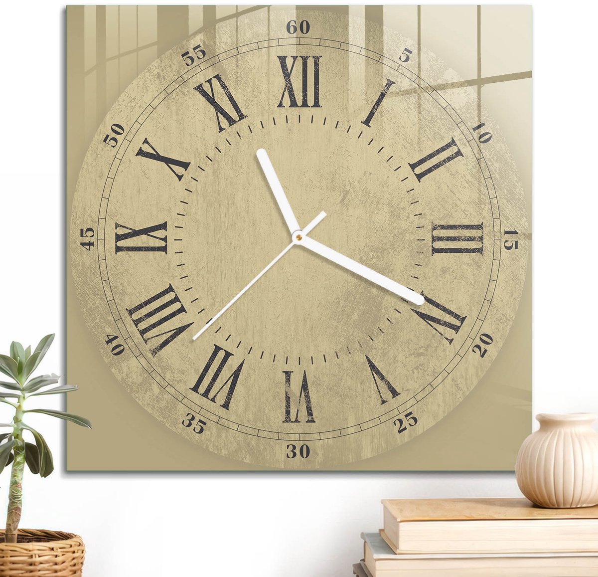 ArtPrintCave Beige Glazen Klok - 30x30 cm - Wandklok Vierkant - Vintage Klok Stille Wandklok - Abstractie Wandklok Keuken - Witte Klokwijzers