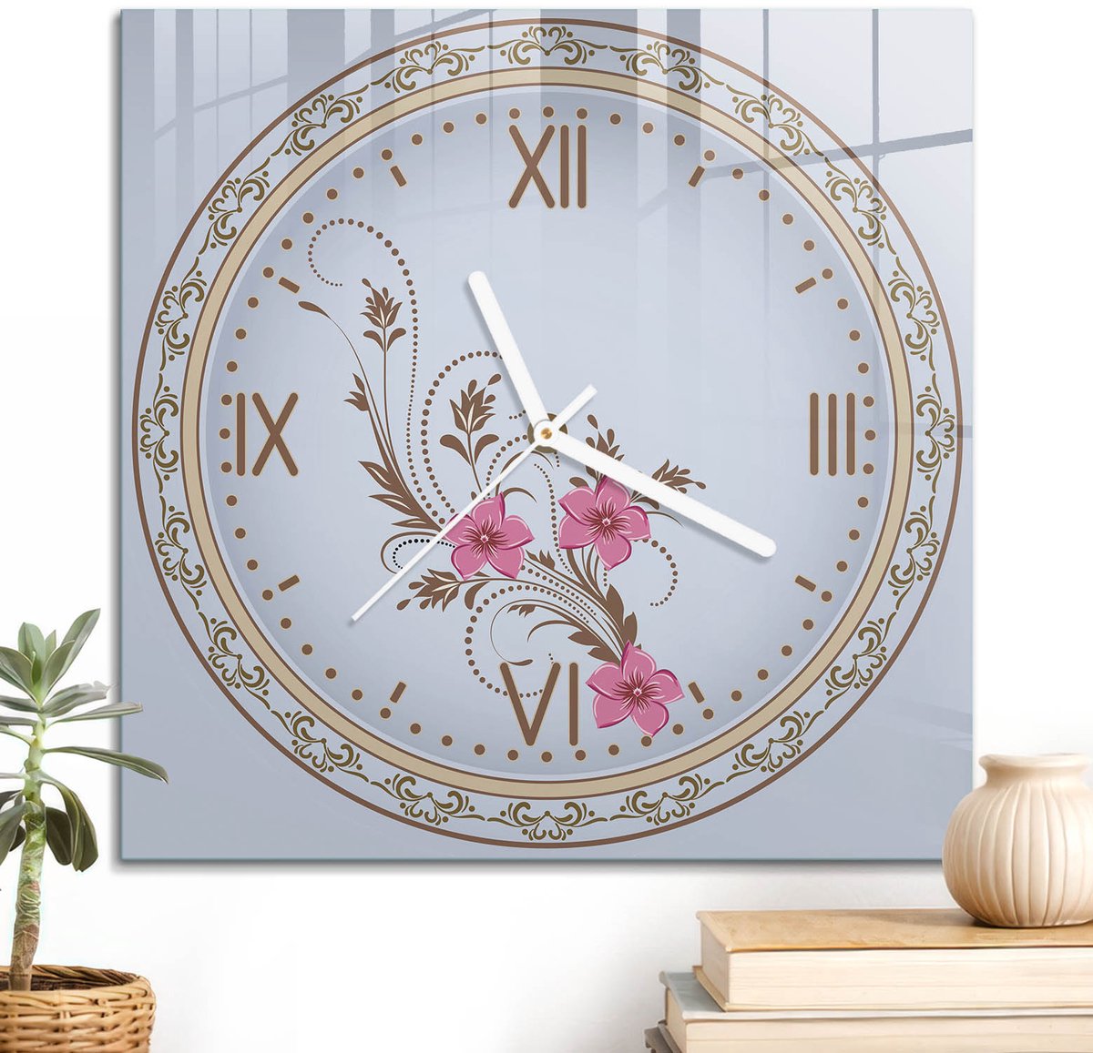 ArtPrintCave Bruin Glazen Klok - 30x30 cm - Wandklok Vierkant - Bloemenklok Wandklok Keuken - Bloemen En Planten Unieke Klok - Witte Klokwijzers