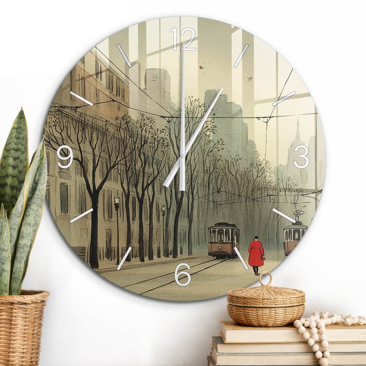 ArtPrintCave Beige Glazen Klok - Wandklok 60 cm - Muurklok Rond - Stedelijke Vrede Stille Wandklok - Architectuur Wandklok Keuken - Witte Klokwijzers