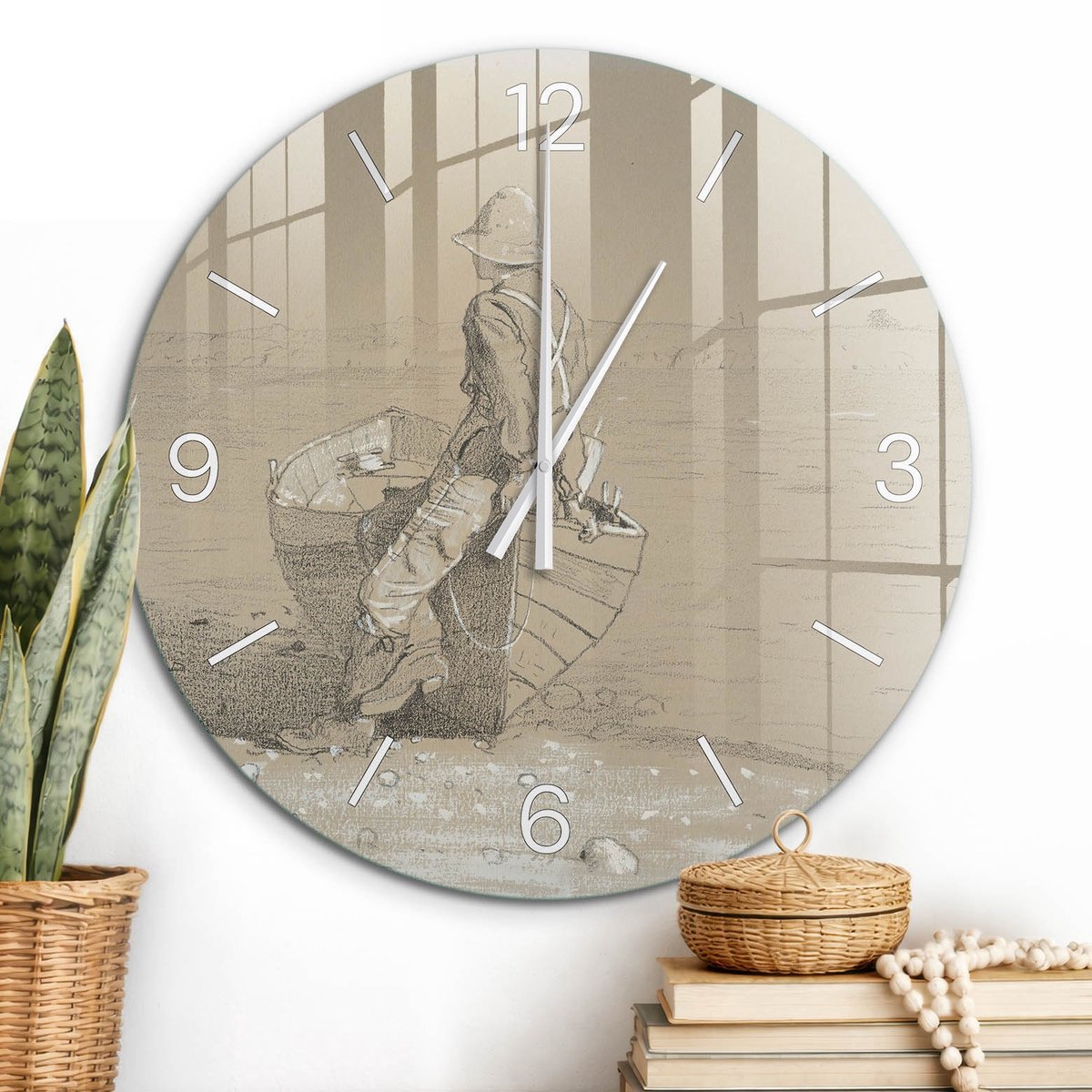 ArtPrintCave Beige Glazen Klok - Wandklok 60 cm - Muurklok Rond - Een Vredig Toevluchtsoord Unieke Klok - Natuur Stille Wandklok - Witte Klokwijzers