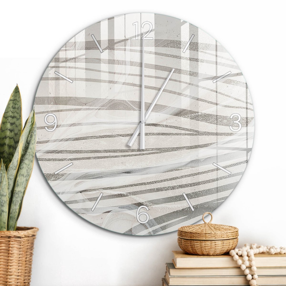 ArtPrintCave Beige Glazen Klok - Wandklok 60 cm - Muurklok Rond - Kalme Golven Stille Wandklok - Abstractie Wandklok Keuken - Witte Klokwijzers