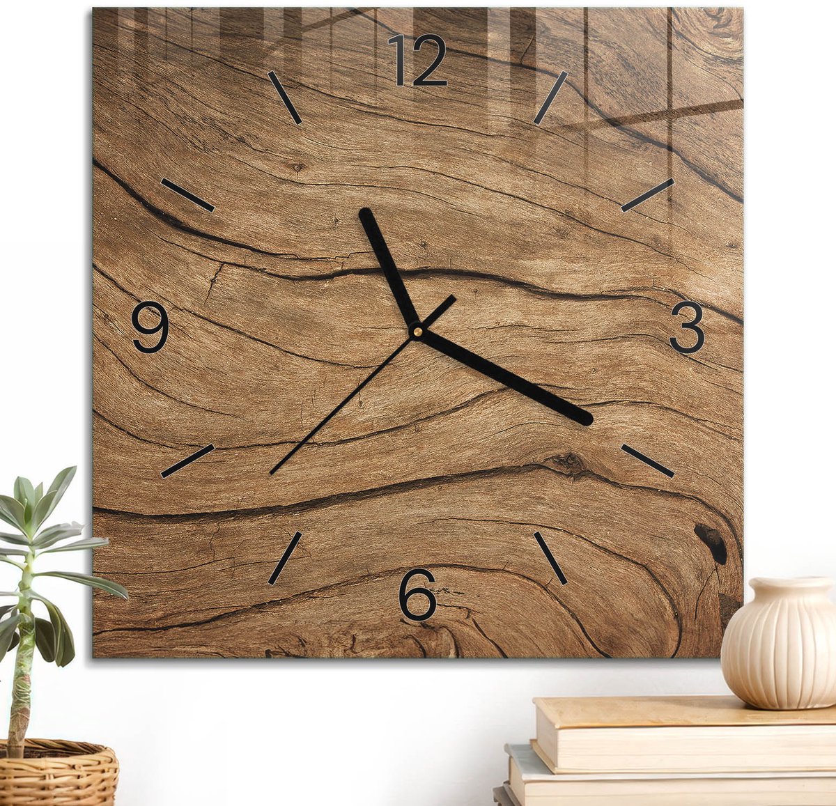 ArtPrintCave Bruin Glazen Klok - 30x30 cm - Wandklok Vierkant - Houten Texturen Unieke Klok - Natuur Stille Wandklok - Zwarte Klokwijzers