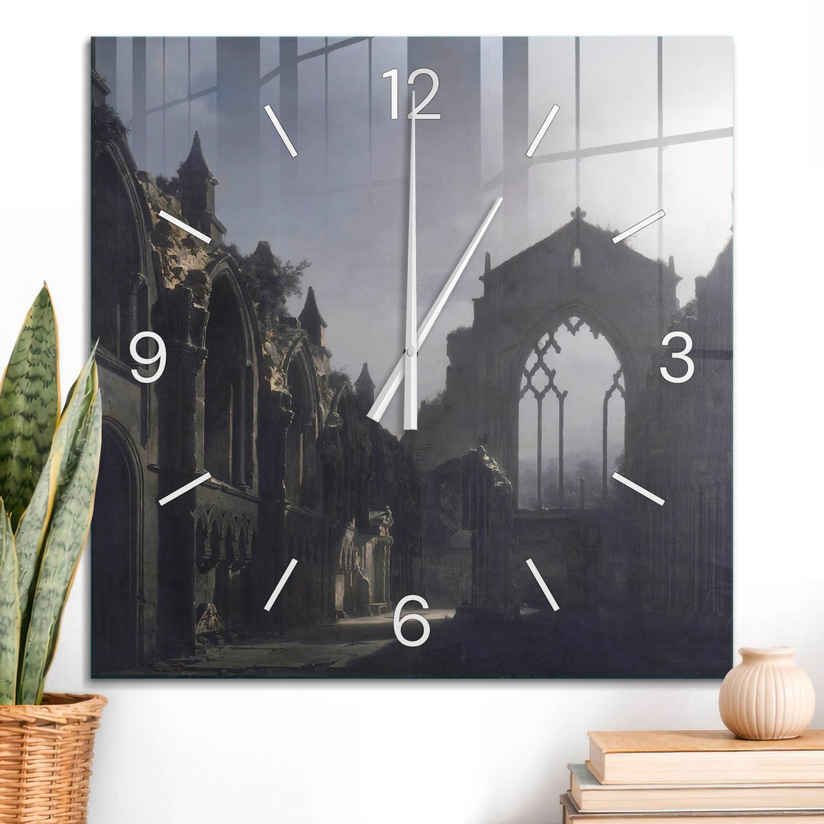 ArtPrintCave Grijs Glazen Klok - 60x60 cm - Wandklok Vierkant - Mysterieuze Ruïne Wandklok Keuken - Natuur Unieke Klok - Witte Klokwijzers