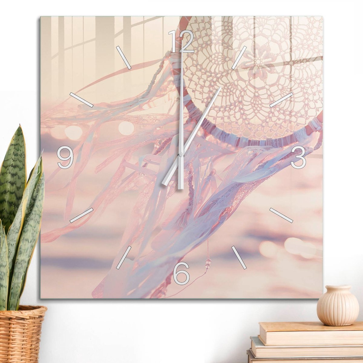 ArtPrintCave Roze Glazen Klok - 60x60 cm - Wandklok Vierkant - Dromenvanger Unieke Klok - Achtergronden En Patronen Stille Wandklok - Witte Klokwijzers