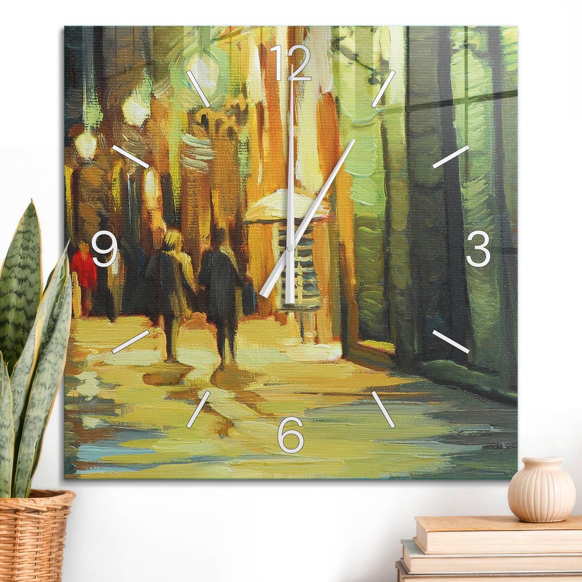 ArtPrintCave Geel Glazen Klok - 60x60 cm - Wandklok Vierkant - Stadsavond Unieke Klok - Kunst Stille Wandklok - Witte Klokwijzers