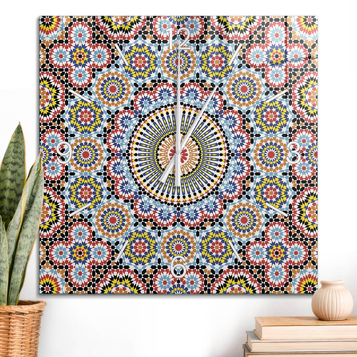 ArtPrintCave Oranje Glazen Klok - 60x60 cm - Wandklok Vierkant - Oosterse Mozaïek Unieke Klok - Geometrie Stille Wandklok - Witte Klokwijzers