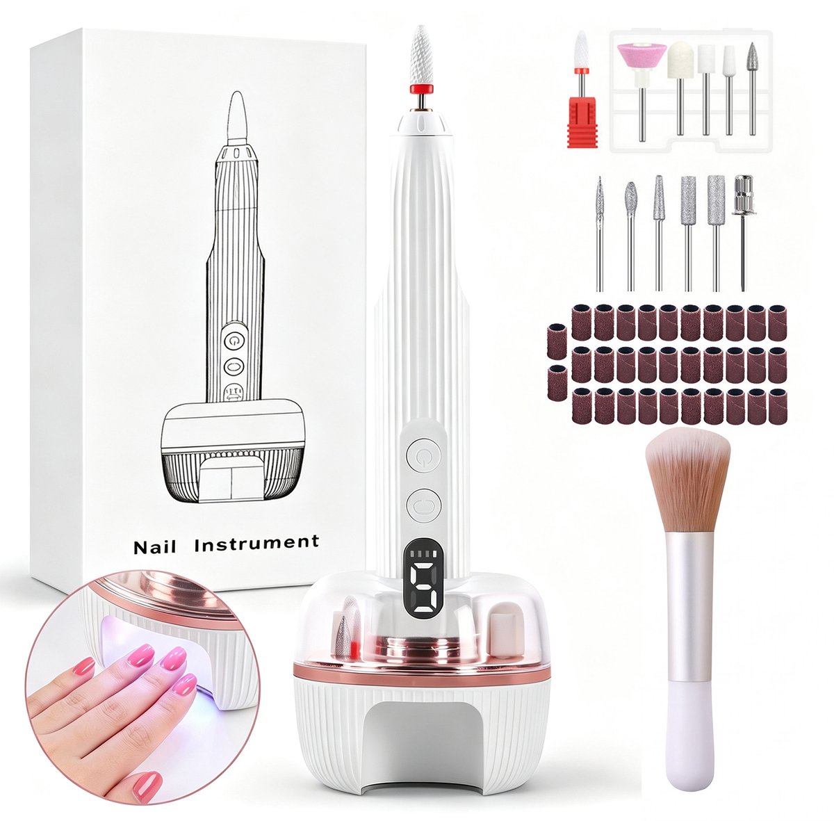 Fokelyi Elektrische Nagelvijl - UV-Lamp Basis- Nagelfrees 18000 RPM- Digitaal Display-Professionele Nagelboor Machine- 5 Snelheden-12 Bitjes- 12 Schuurrolletjes- Eeltverwijderaar -Manicure En Pedicure Set