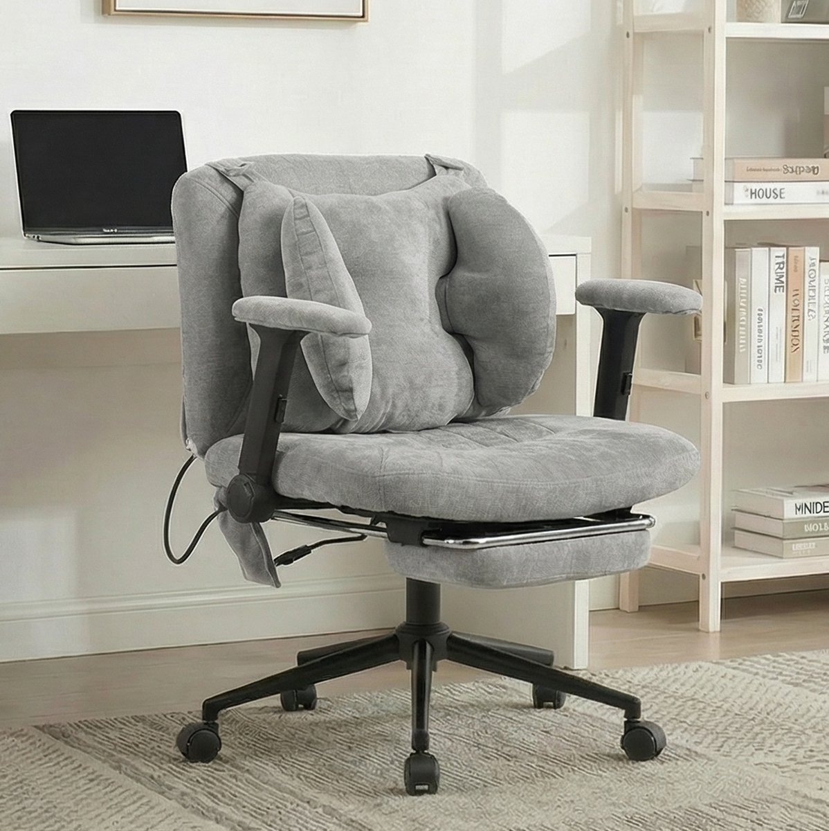 STILVORA Bureaustoel 80 x 55 x 86 cm - Verstelbare Hoogte Met Voetensteun en Armleuningen - Kantoor en Gamen - Stoffen Bekleding - Grijs