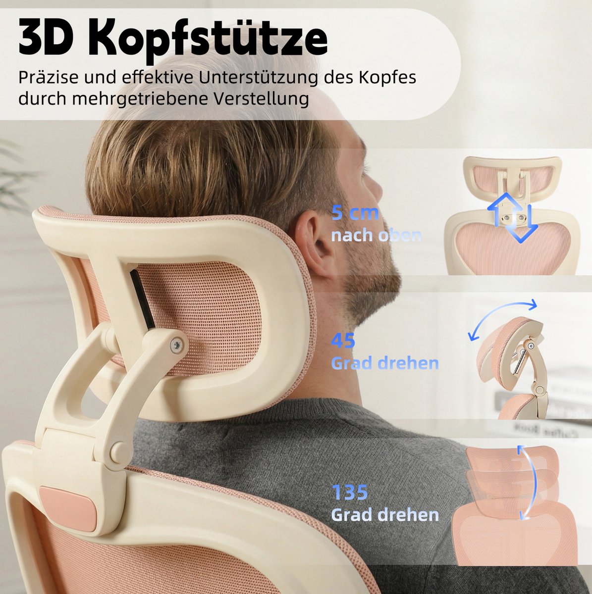 Ergonomische Bureaustoel 67 Cm - Opklapbare Rugleuning Met Verstelbare Hoofdsteun En Lendensteun - Voor Werk En Studie - Roze Netstof