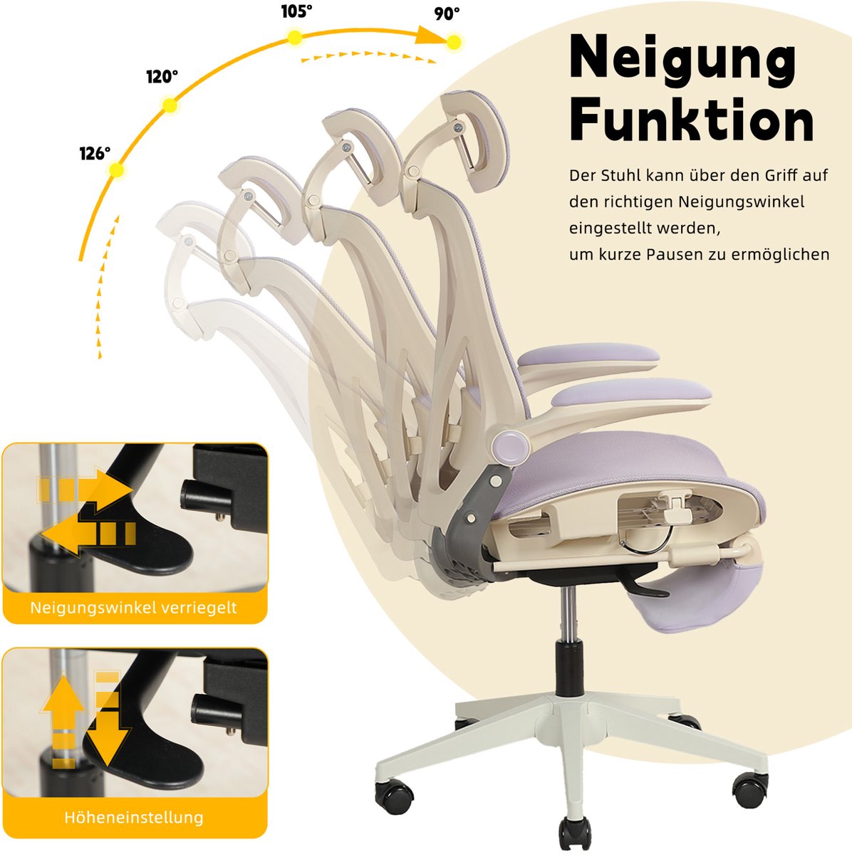 Ergonomische Bureaustoel 67 Cm - Klapbare Rugleuning Met 3D Hoofdsteun En Lendensteun - Werkplek en Studie - Paars Mesh