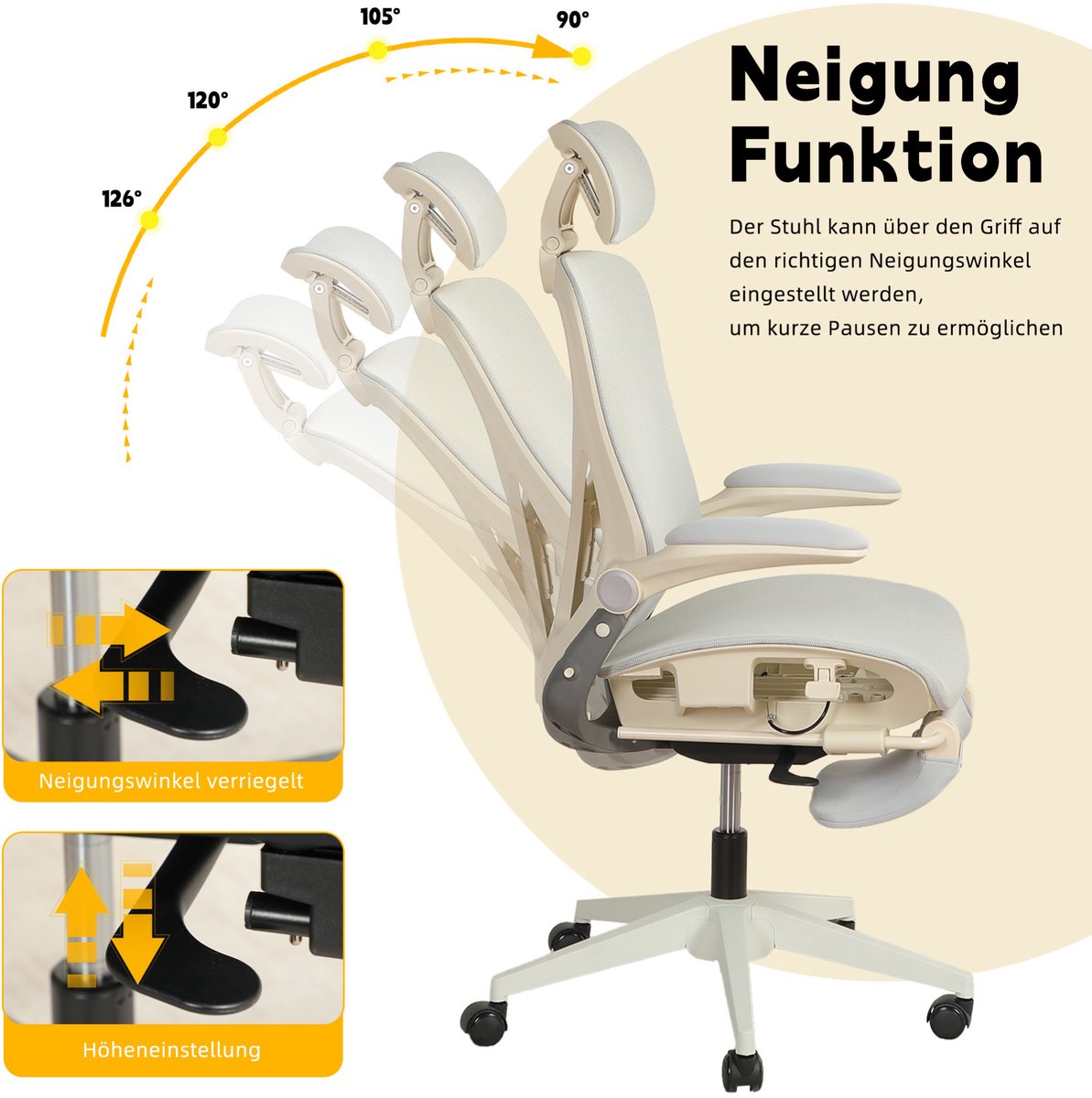 Ergonomische Bureaustoel 67 Cm - Opklapbaar Met Verstelbare Lendensteun En 3D Hoofdsteun - Voor Werk, Studie En Spelen - Mesh Grijs