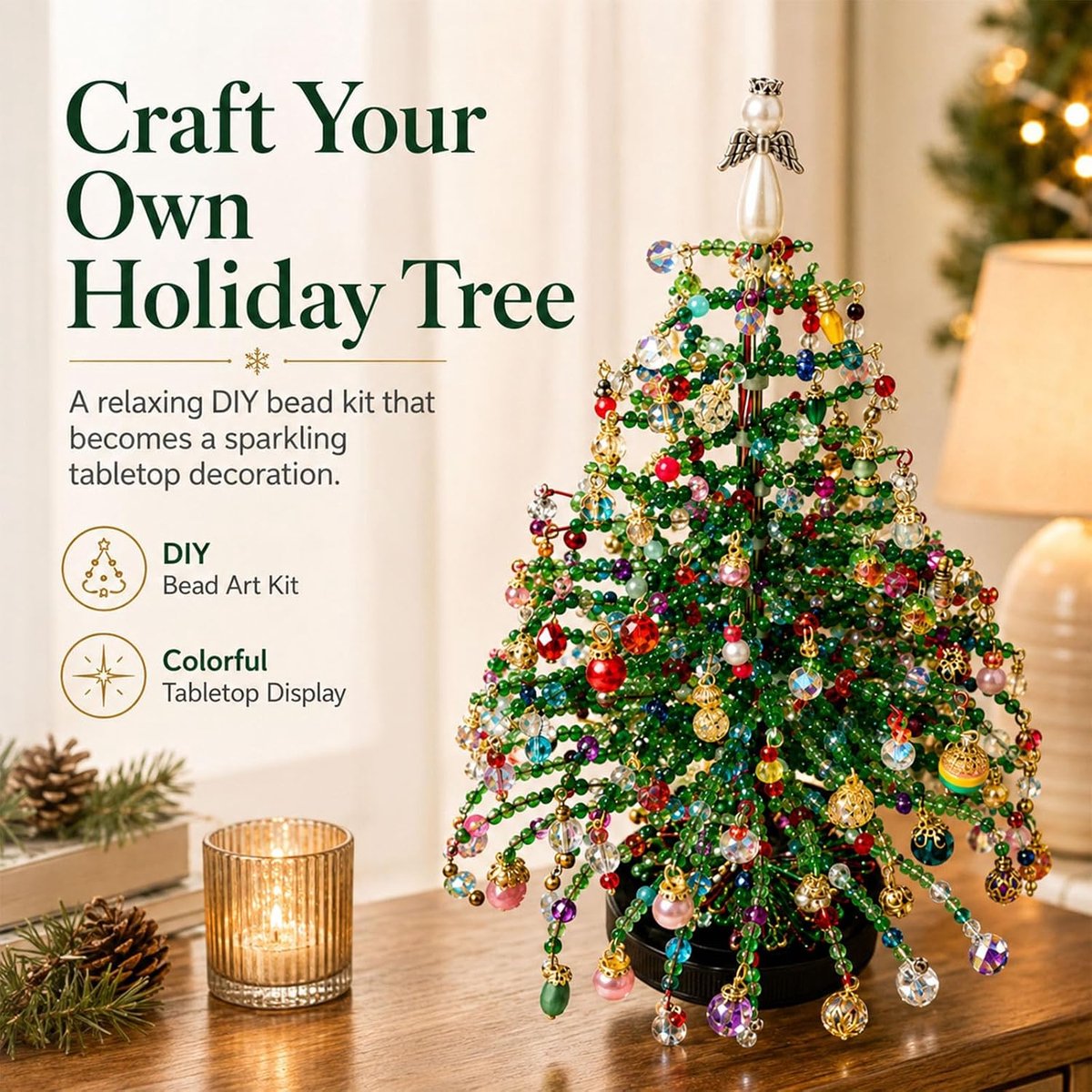 kerstboom decoratieset - Met lampjes - Glas materiaal - Handgemaakte DIY kralen kerstboom - Feestornament - Geschikt voor creatieve kerstversiering en interieurdecoratie binnenshuis – foto 2