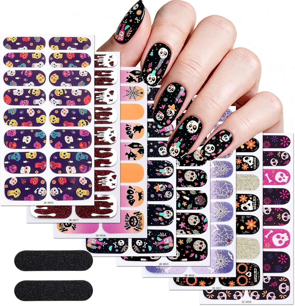 KZQ 8 Stuks Halloween gelnagelstickers - Spinnenweb, schedel, spook, pompoen designs - Zelfklevende nagelstickers - Nageldecoraties voor dames - Lichtgevend in het donker - Halloween decoraties - Inclusief 2 nagelvijl - Groep F