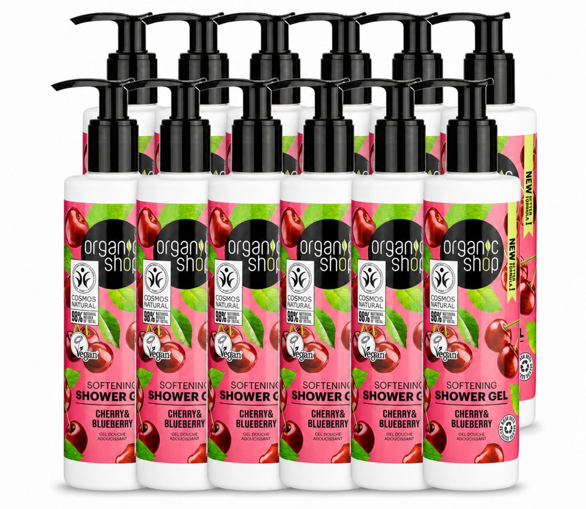 12 x Organic Shop - Douchegel Cherry & Blueberry - Verfrissend en Hydraterend - 280 ml - Voordeelverpakking - 12 stuks