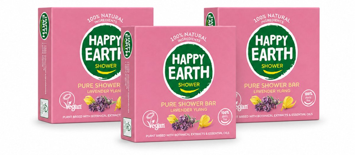 3 x Happy Earth – Shower Bar – 100% Natuurlijk Lavender Ylang – 90 g - Voordeelverpakking - 3 stuks