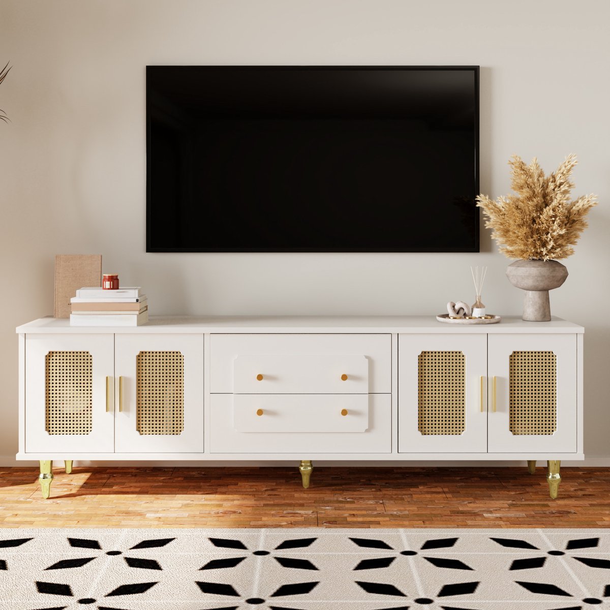 MEUNIQ TV-meubel Lowboard 175 cm met 4 PVC-rattandeuren, push-to-open lades, gouden handgrepen en poten, opbergruimte voor woonkamer, wit
