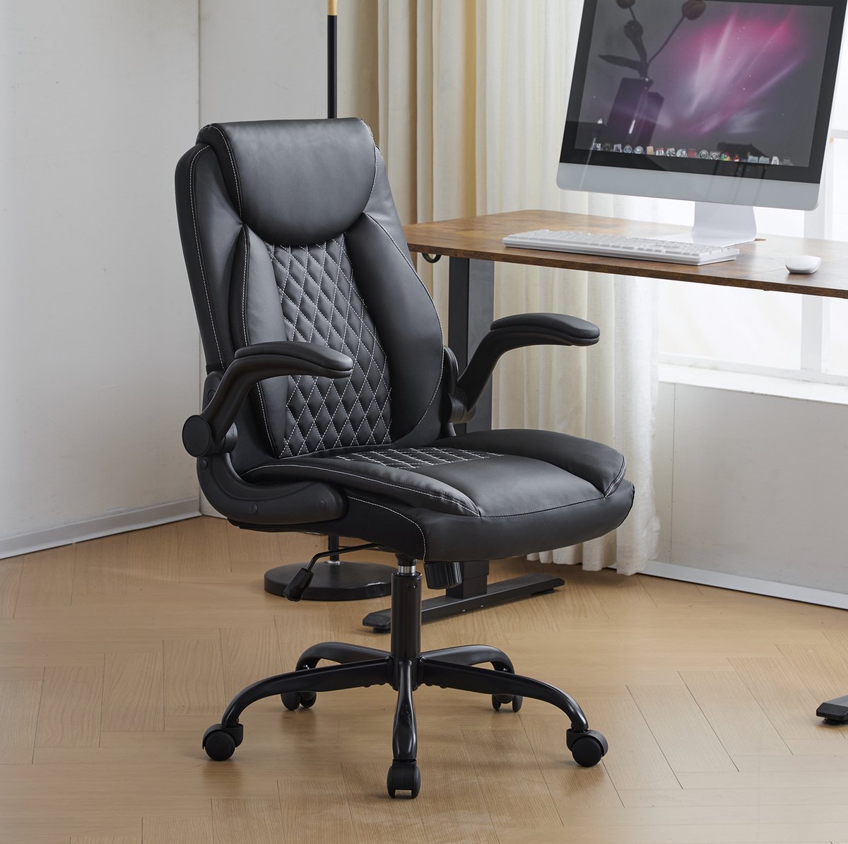 DESMIU Bureaustoel 62 x 30 x 53 cm - Ergonomisch Met Lendensteun - Opklapbare Armleuningen - Voor Kantoor En Speelkamer - Leer Zwart