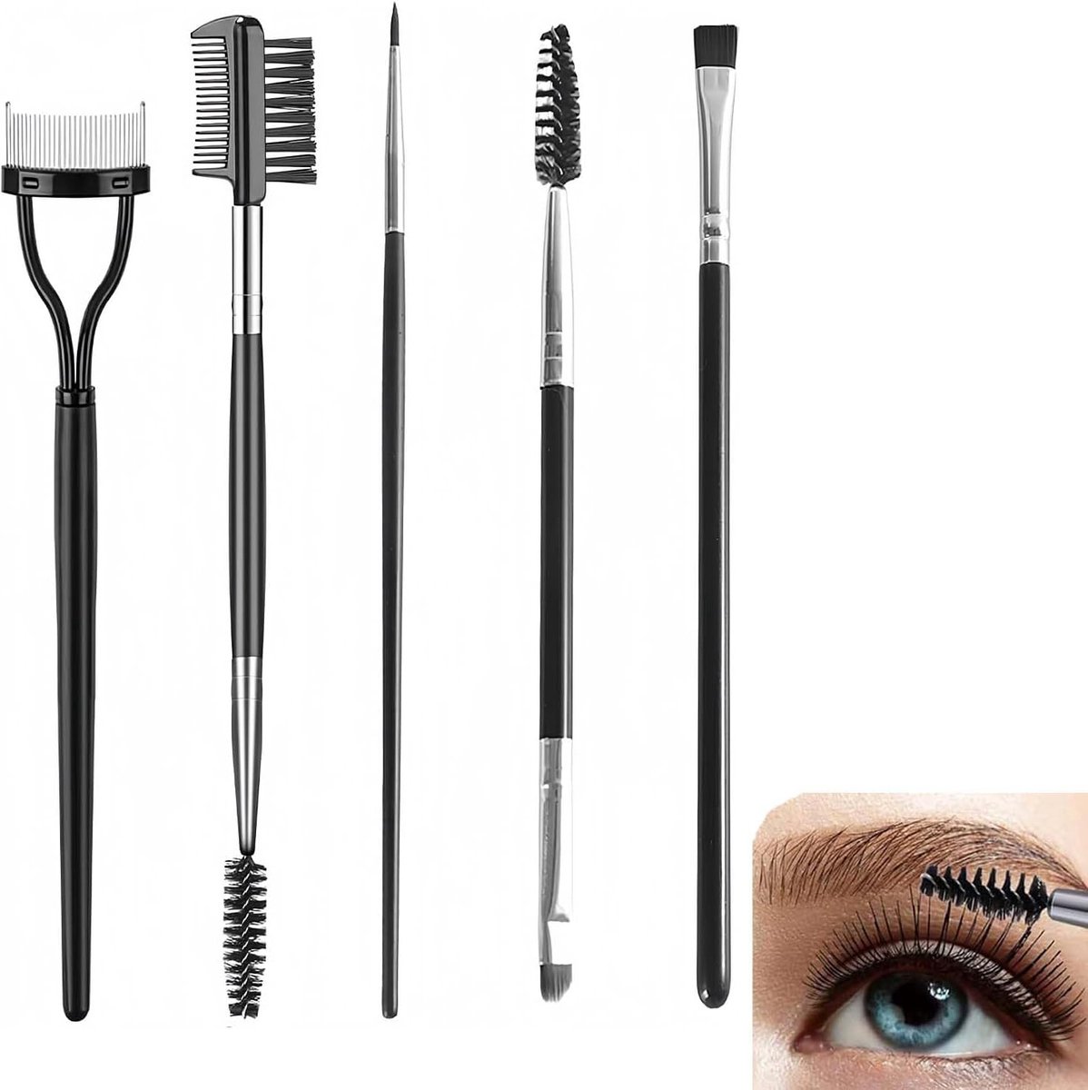 Professionele Set van 5 Oogmake-up Tools: Wimpers Borstel, Eyeliner Borstel, Wenkbrauw Borstel en Wimperkam