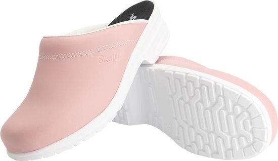 Roze Skolys klomp, de onderkant van de witte zool met profiel.