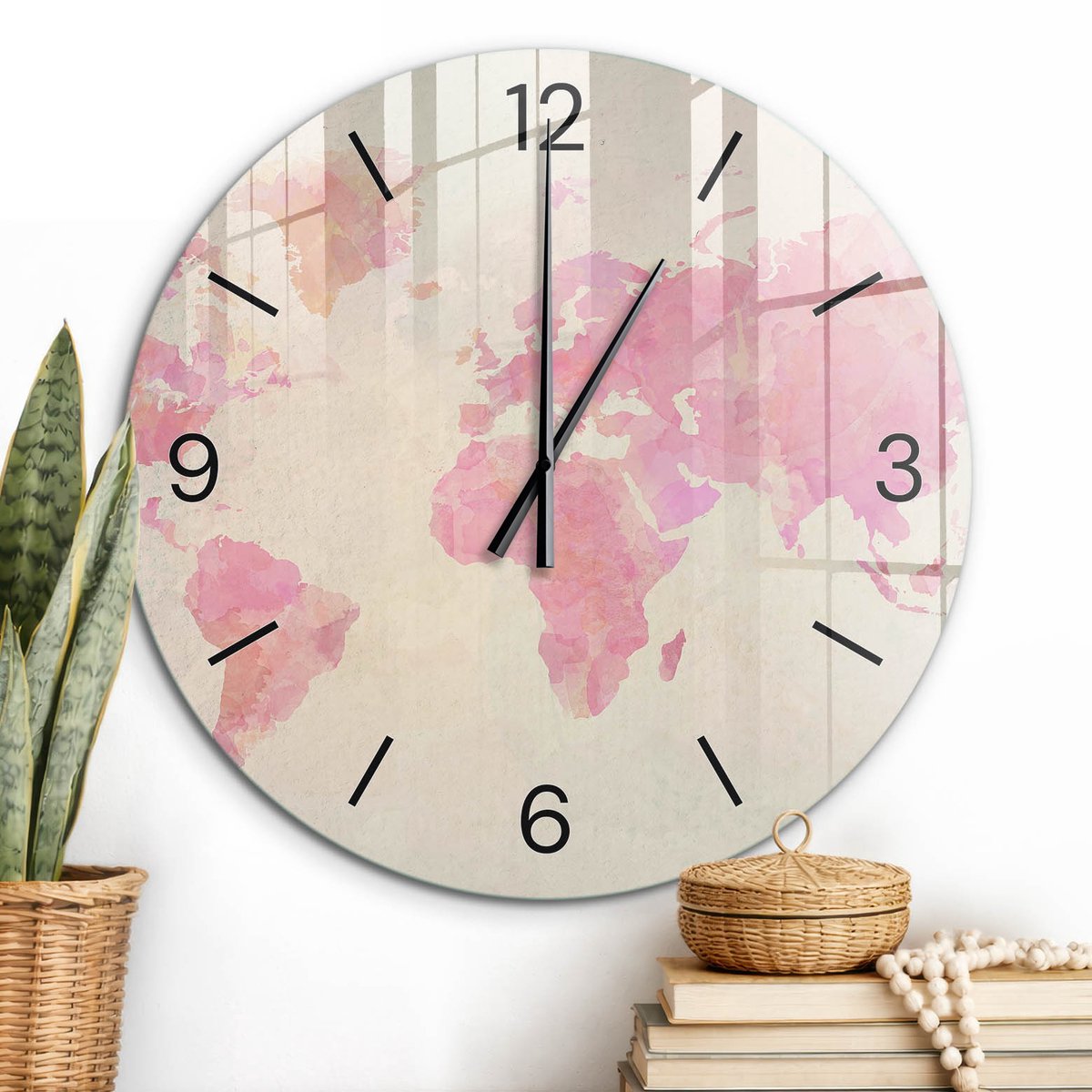 ArtPrintCave Roze Glazen Klok - Wandklok 60 cm - Muurklok Rond - Pastel Kaart Unieke Klok - Abstractie Stille Wandklok - Zwarte Klokwijzers