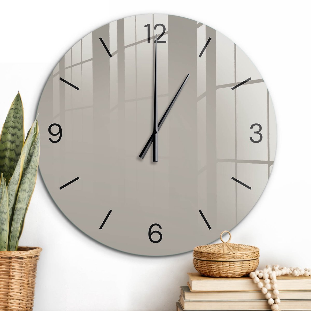 ArtPrintCave Beige Glazen Klok - Wandklok 60 cm - Muurklok Rond - Warmgrijs Wandklok Keuken - Abstractie Unieke Klok - Zwarte Klokwijzers
