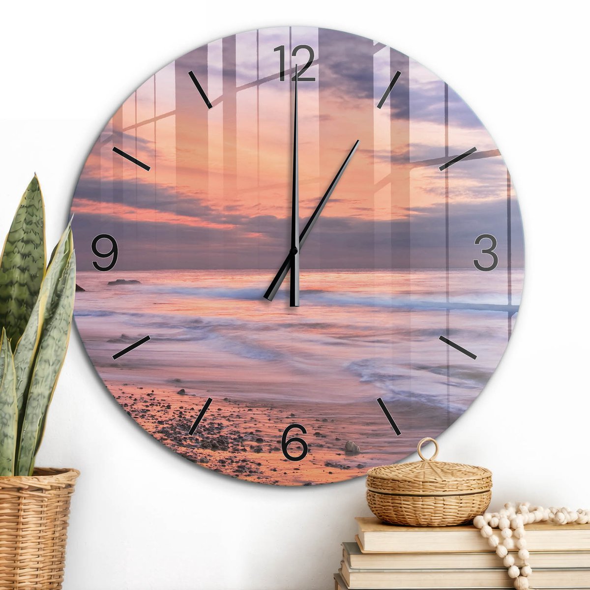 ArtPrintCave Oranje Glazen Klok - Wandklok 60 cm - Muurklok Rond - Zeegezicht Stille Wandklok - Natuur Wandklok Keuken - Zwarte Klokwijzers