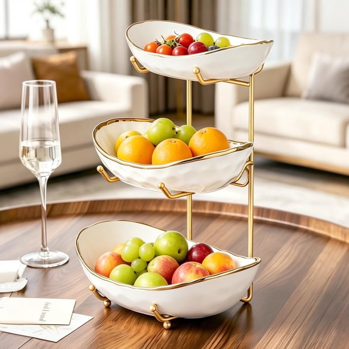 Decoratieve schaal - Wit - 3 verdiepingen - Keramiek en Metaal - Voor Fruit en Snacks