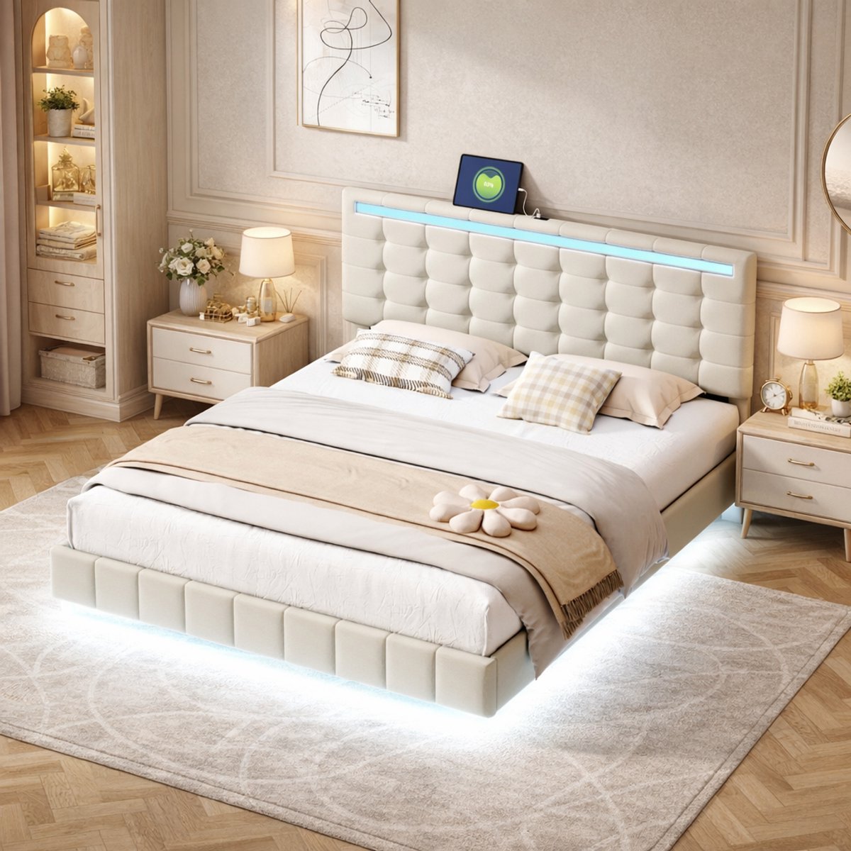 MEXUS Gestoffeerd tweepersoonsbed 160x200 cm – lattenbodem, opbergruimte, LED-verlichting & USB-aansluiting – linnen stof, romantisch design voor de slaapkamer