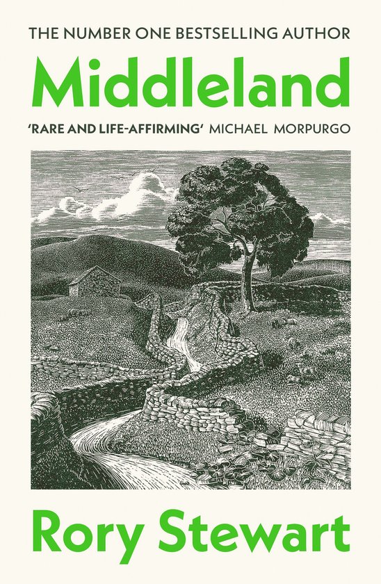 Boek 'Middleland' van Rory Stewart met een illustratie van een landschap met stenen muren, een huisje en een boom.