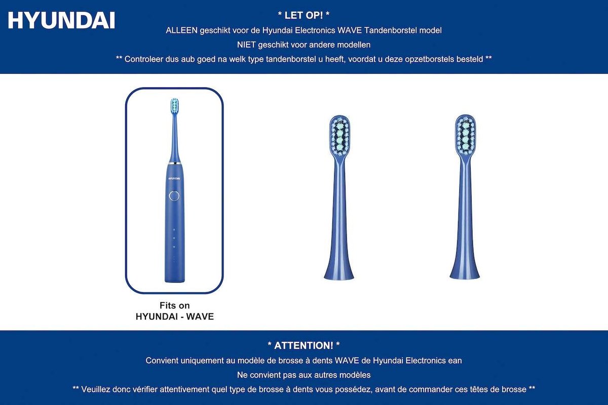 Hyundai Electronics - Elektrische Tandenborstel Wave - Opzetborstels zacht - blauw - 2 stuks
