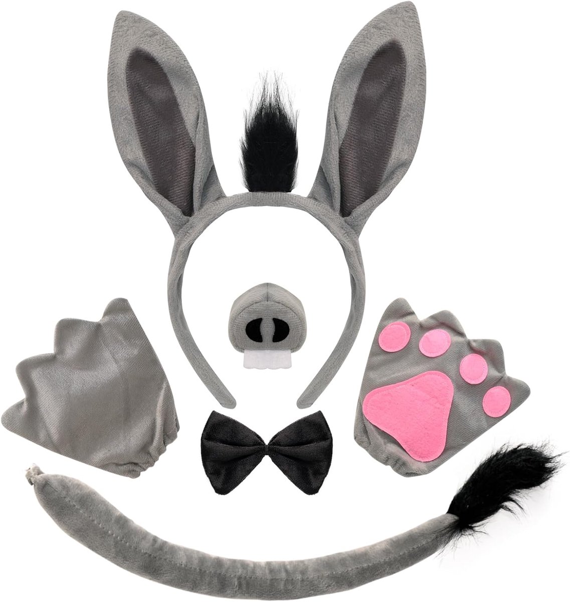 Ezelkostuum, set met dierenoren, haarband, neus, vlinderdas, handschoenen, staart, dierenkostuums voor volwassenen, carnavalskostuum heren, dier, grappig, kostuum dames, dier, voor