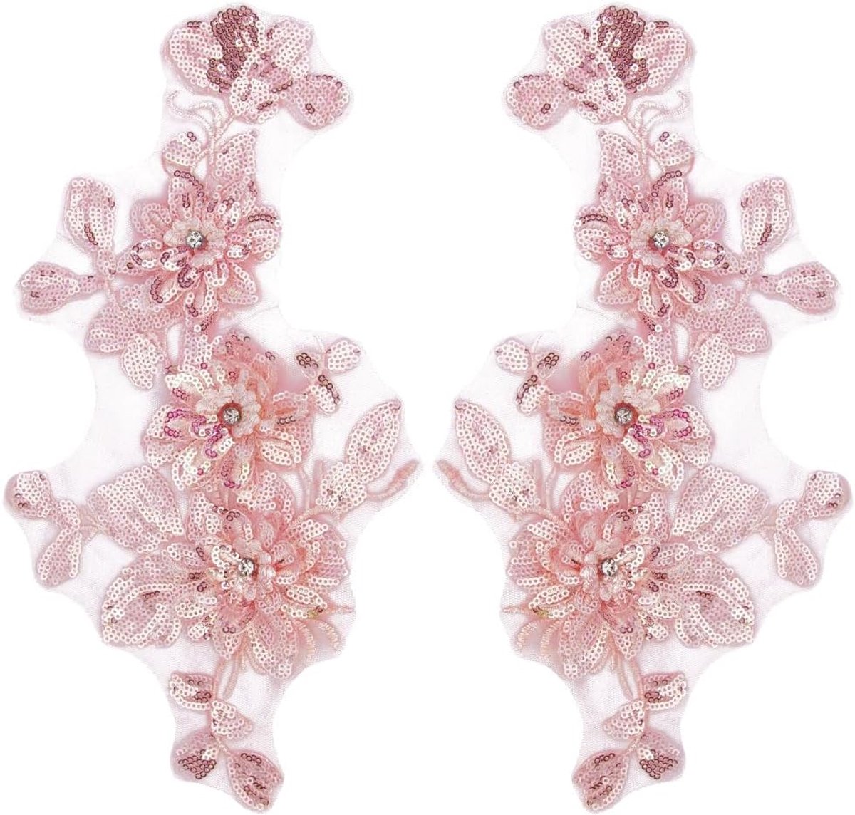 1 Doos 2 Stks Roze 3D Bloemen Borduurwerk Applique Pailletten Kralen Kant Naaien Patch Glitters Bloem Strass Borduurwerk Patches voor Naaien Maken Bruids Bruiloft Kostuum Jurk Decor Craft