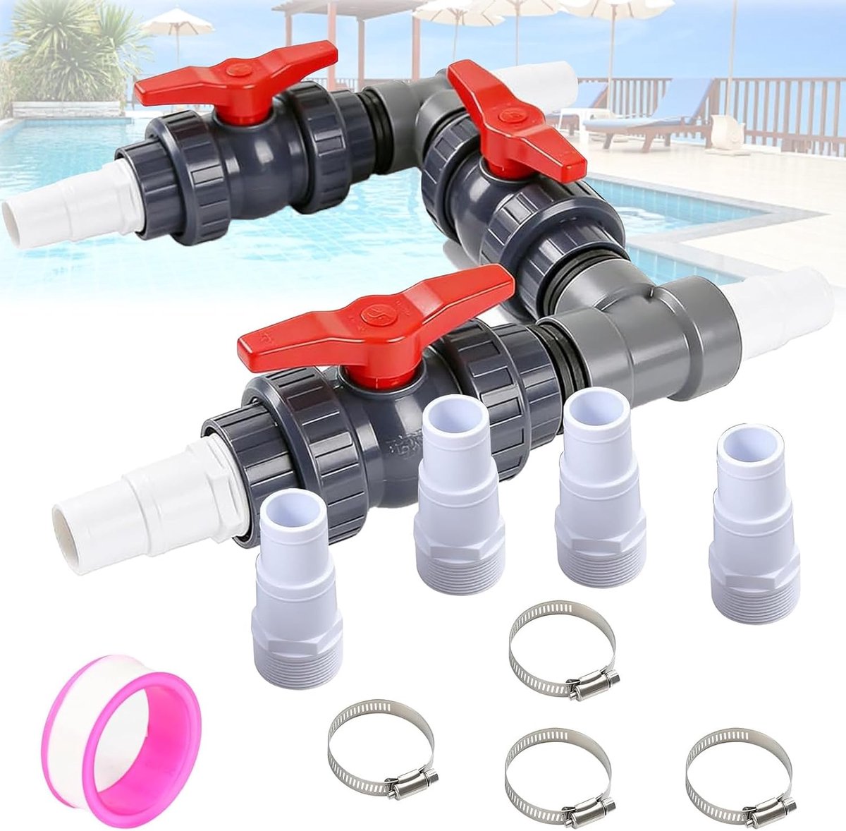 Pool Set, Ø 50 mm warmtepomp zwembad aansluitset, bypass set voor zwembad incl. 32mm & 38mm slangen en adapters, voor nauwkeurige regeling van de watertoevoer en optimale